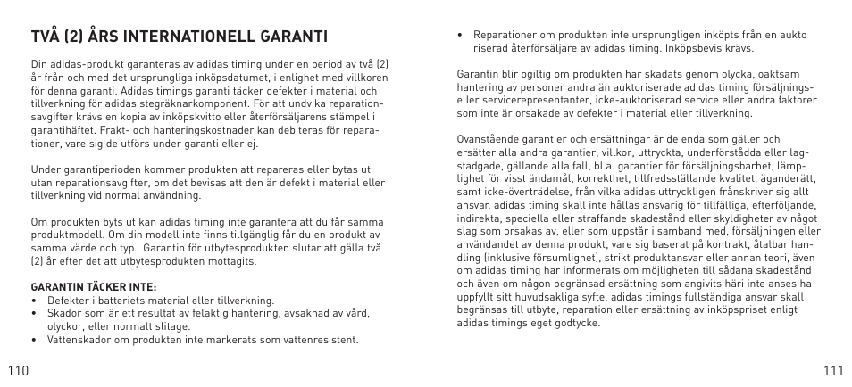 Två (2) års internationell garanti | Adidas Heart Rate Monitor User Manual | Page 56 / 85
