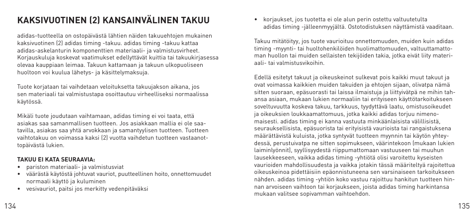 Kaksivuotinen (2) kansainvälinen takuu | Adidas Heart Rate Monitor User Manual | Page 68 / 85