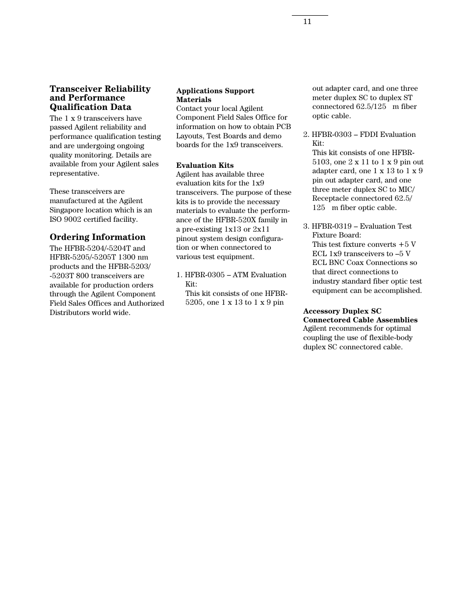 Transceiver reliability, Ordering information | Agilent Technologies HFBR 5203 User Manual | Page 11 / 20