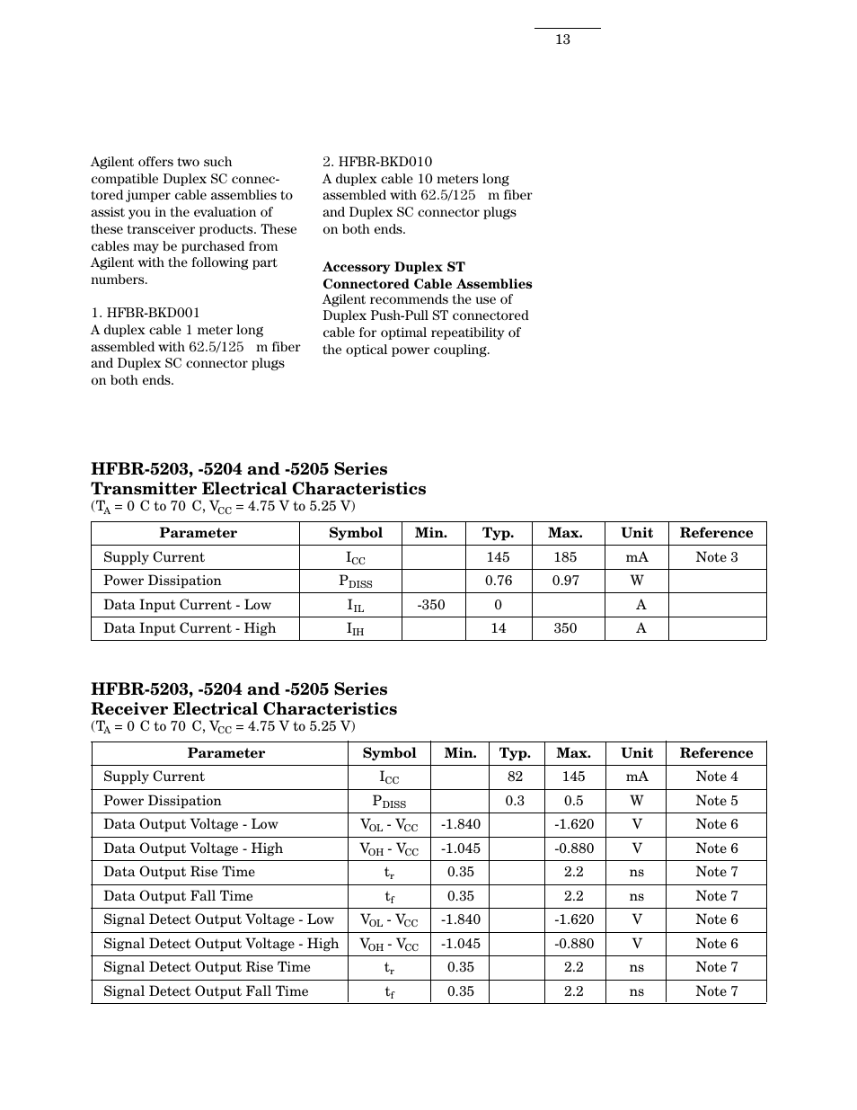 Electrical characteristics | Agilent Technologies HFBR 5203 User Manual | Page 13 / 20