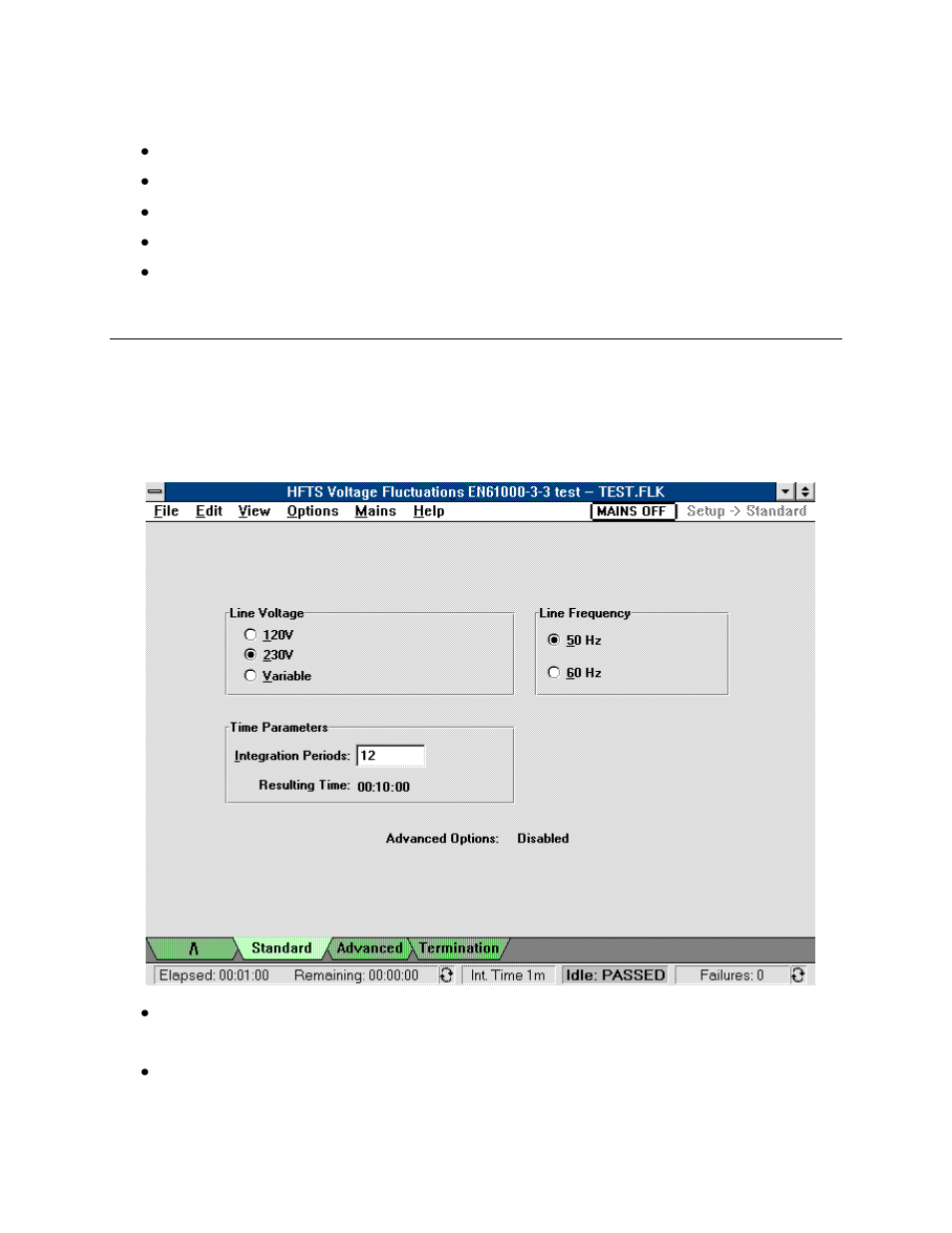 Test options - voltage fluctuations, Standard test options, Advanced test options | Select the test options for voltage fluctuations | Agilent Technologies EN 61000-3-2 User Manual | Page 24 / 106