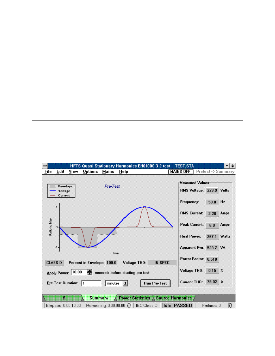 Running the test, 4 running the test, Pre-test summary | Pre-test power statistics | Agilent Technologies EN 61000-3-2 User Manual | Page 27 / 106