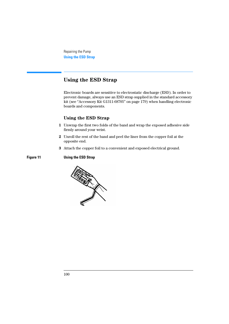 Using the esd strap | Agilent Technologies Quaternary Pump 1100 Series User Manual | Page 100 / 272