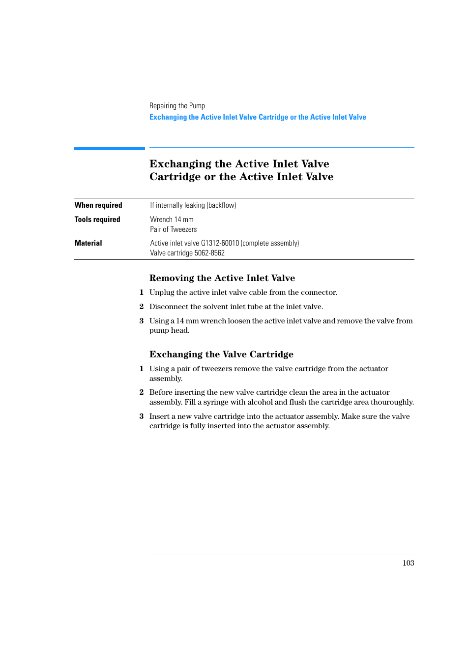 Removing the active inlet valve, Exchanging the valve cartridge | Agilent Technologies Quaternary Pump 1100 Series User Manual | Page 103 / 272