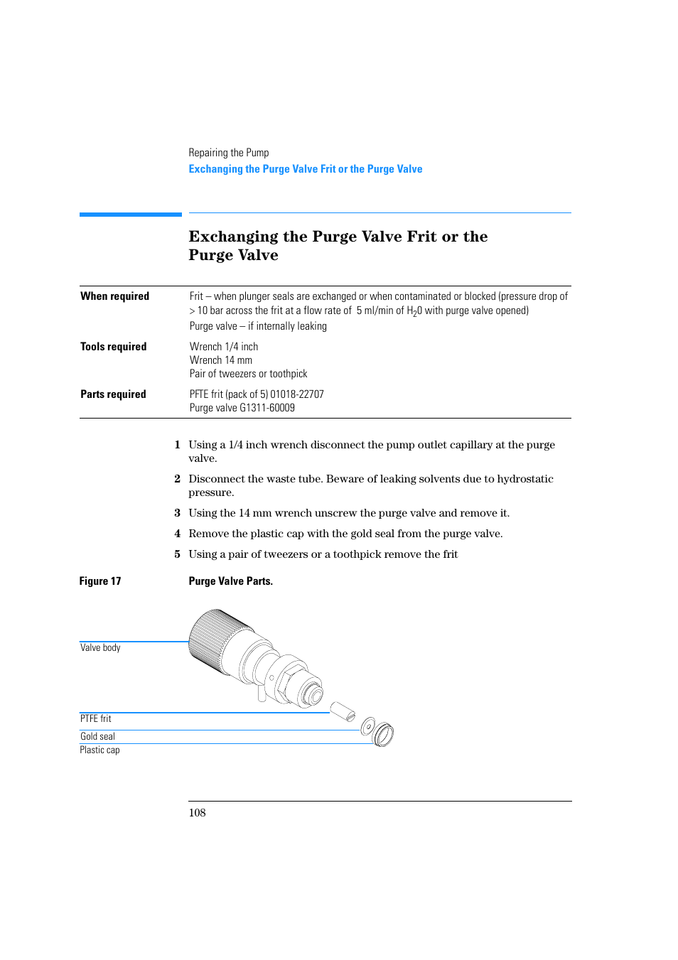 Exchanging the purge valve frit or the purge valve, Solvent cabinet | Agilent Technologies Quaternary Pump 1100 Series User Manual | Page 108 / 272