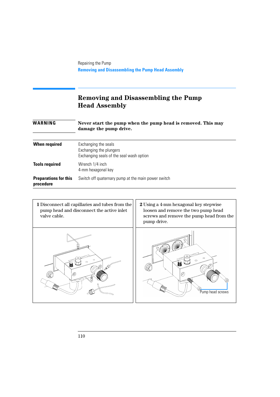 Removing and disassembling the pump head assembly | Agilent Technologies Quaternary Pump 1100 Series User Manual | Page 110 / 272