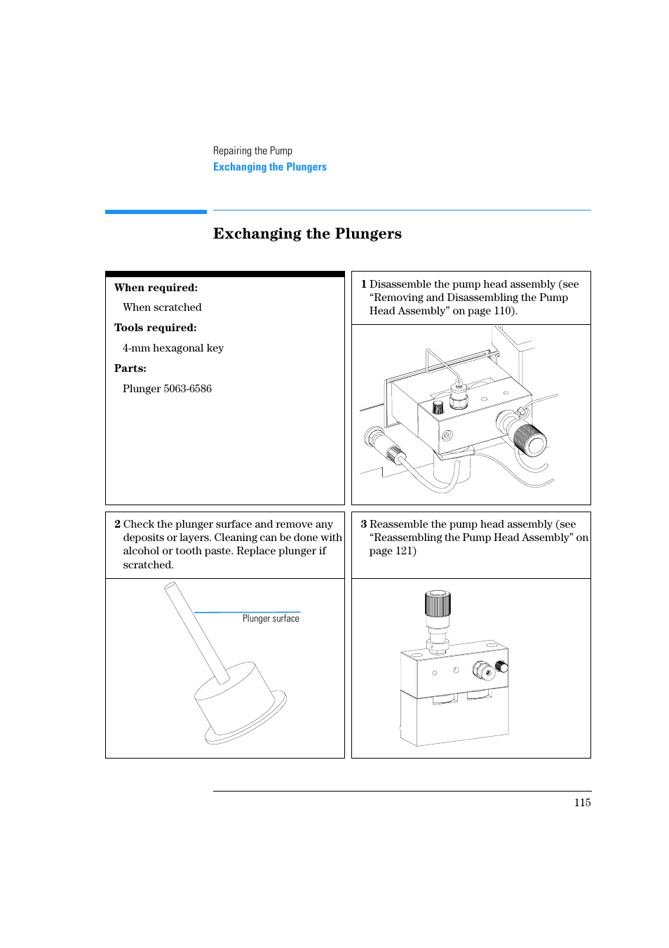 Exchanging the plungers | Agilent Technologies Quaternary Pump 1100 Series User Manual | Page 115 / 272