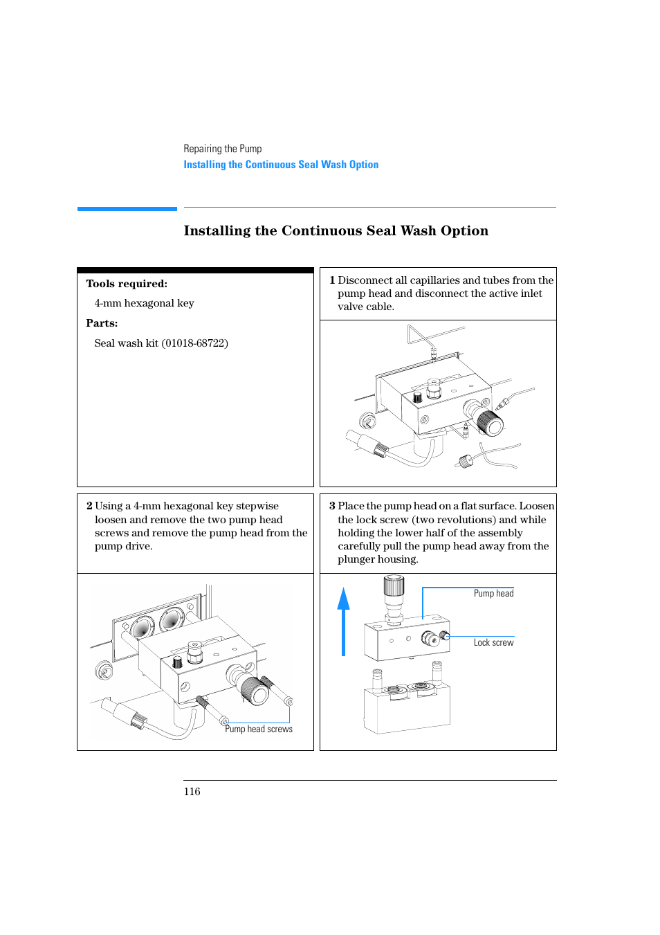 Installing the continuous seal wash option | Agilent Technologies Quaternary Pump 1100 Series User Manual | Page 116 / 272