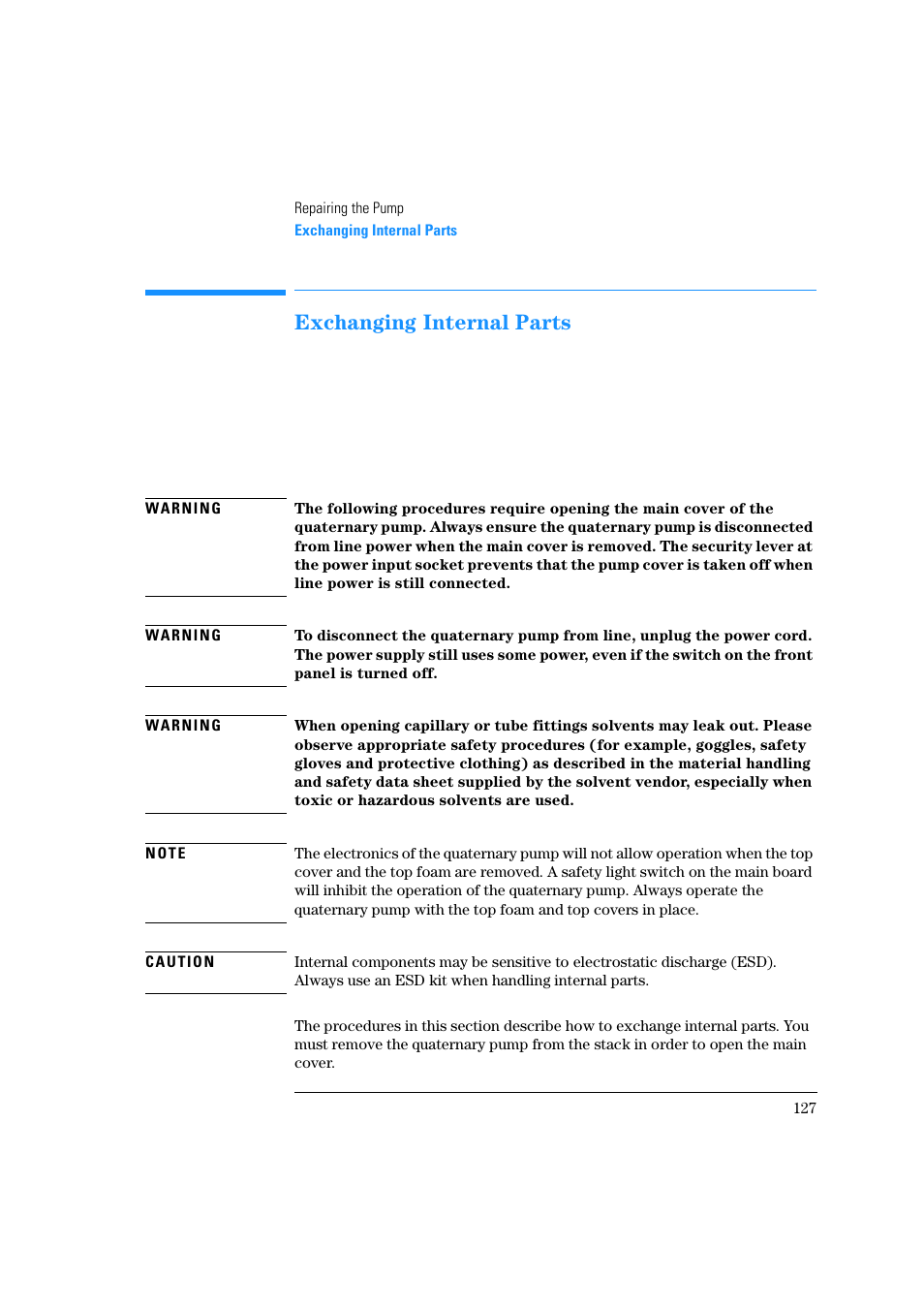 Exchanging internal parts | Agilent Technologies Quaternary Pump 1100 Series User Manual | Page 127 / 272