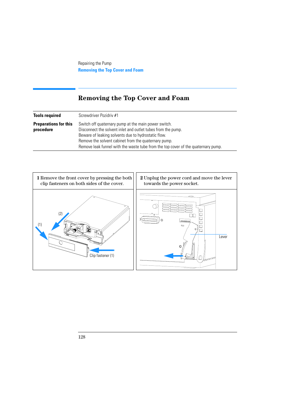 Removing the top cover and foam | Agilent Technologies Quaternary Pump 1100 Series User Manual | Page 128 / 272