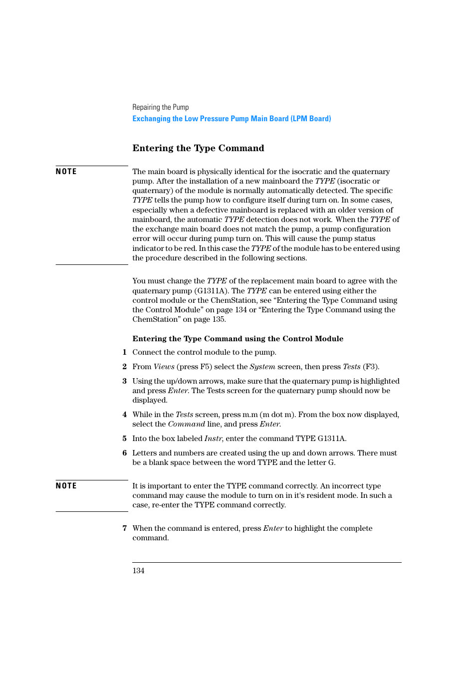 Entering the type command, Entering the type command using the control module, Entering the type command”, ot | Agilent Technologies Quaternary Pump 1100 Series User Manual | Page 134 / 272