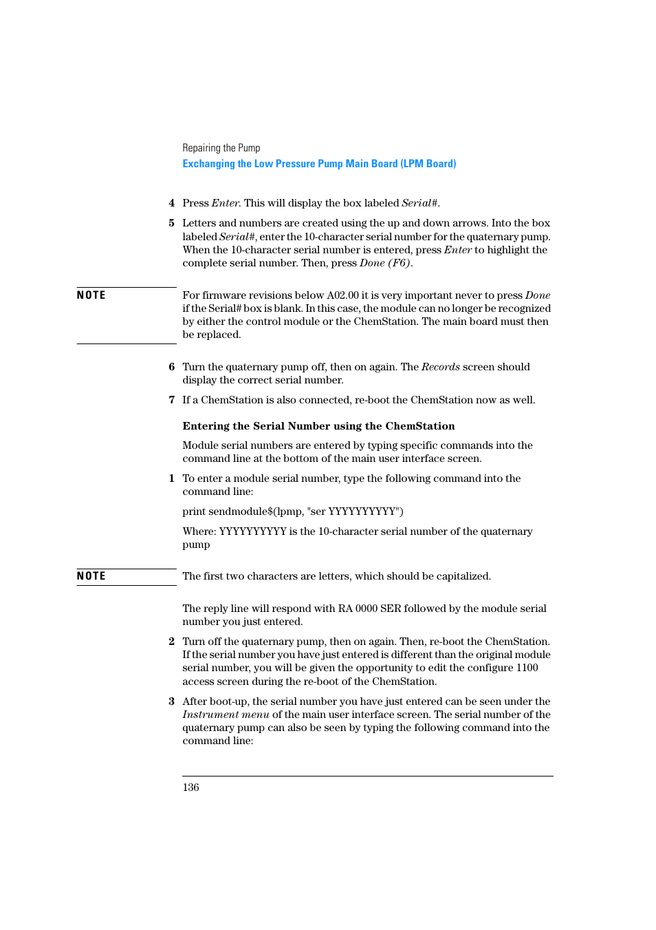 Entering the serial number using the chemstation | Agilent Technologies Quaternary Pump 1100 Series User Manual | Page 136 / 272