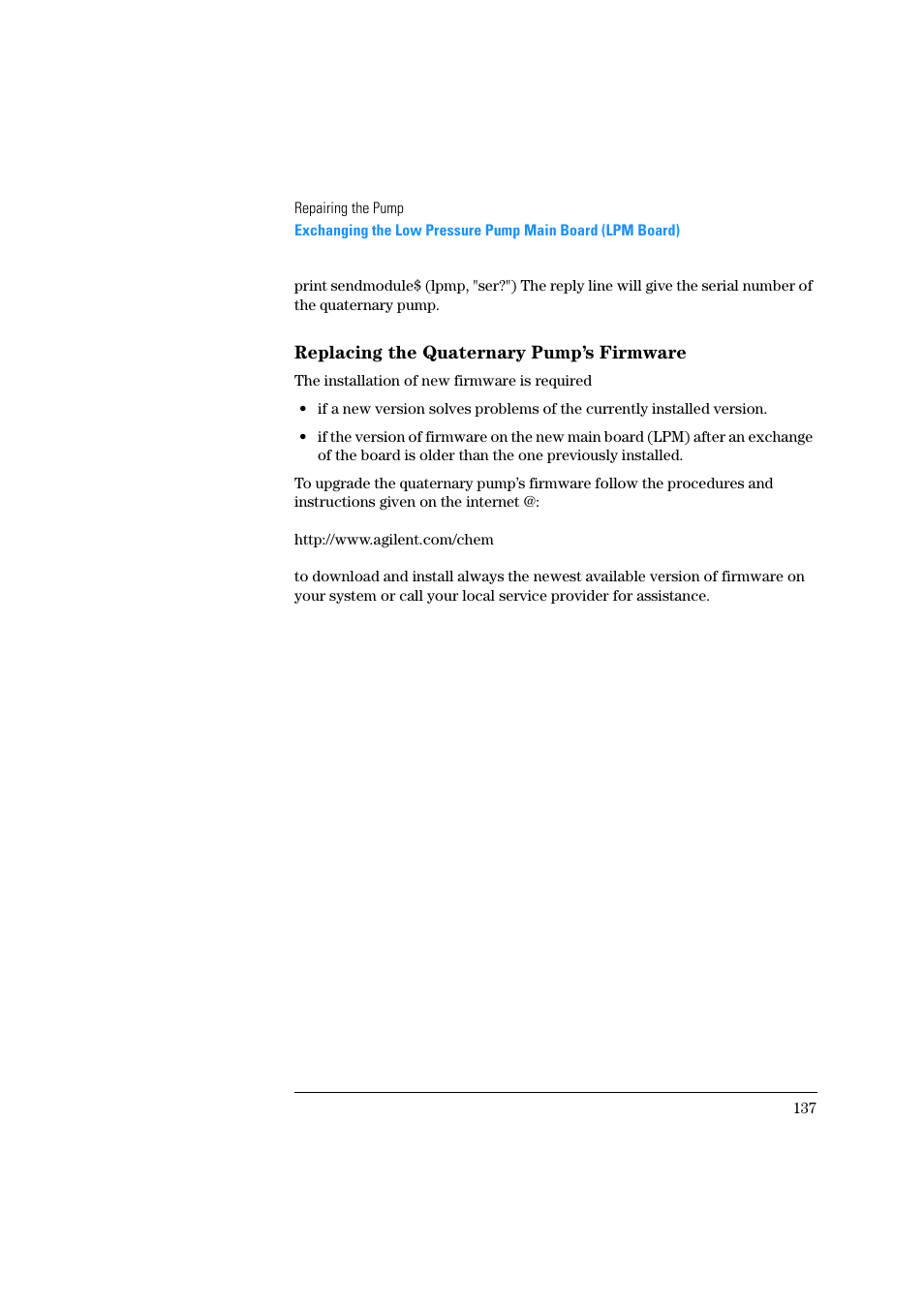 Replacing the quaternary pump’s firmware | Agilent Technologies Quaternary Pump 1100 Series User Manual | Page 137 / 272