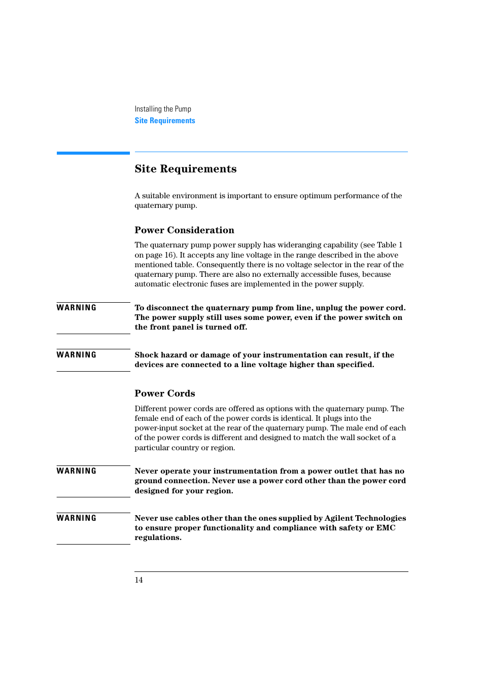 Site requirements, Power consideration, Power cords | Agilent Technologies Quaternary Pump 1100 Series User Manual | Page 14 / 272