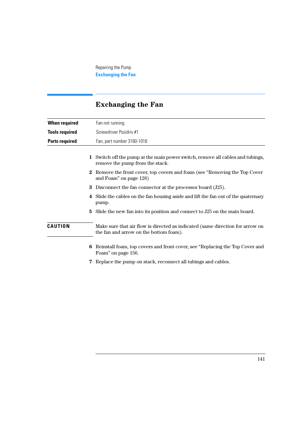 Exchanging the fan | Agilent Technologies Quaternary Pump 1100 Series User Manual | Page 141 / 272