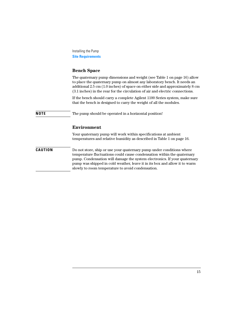 Bench space, Environment | Agilent Technologies Quaternary Pump 1100 Series User Manual | Page 15 / 272