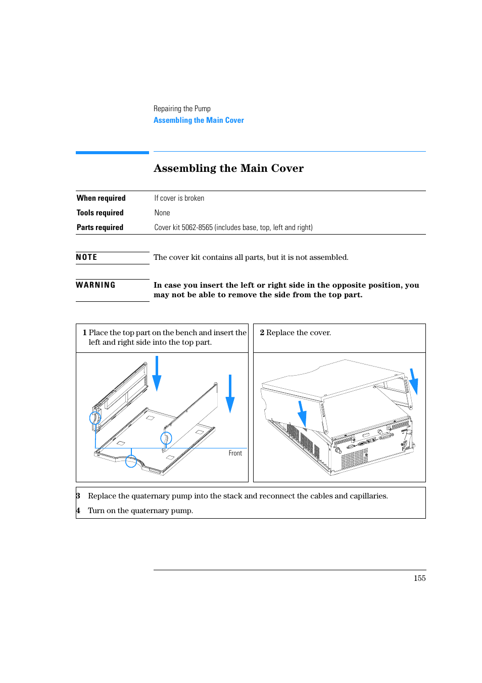 Assembling the main cover | Agilent Technologies Quaternary Pump 1100 Series User Manual | Page 155 / 272