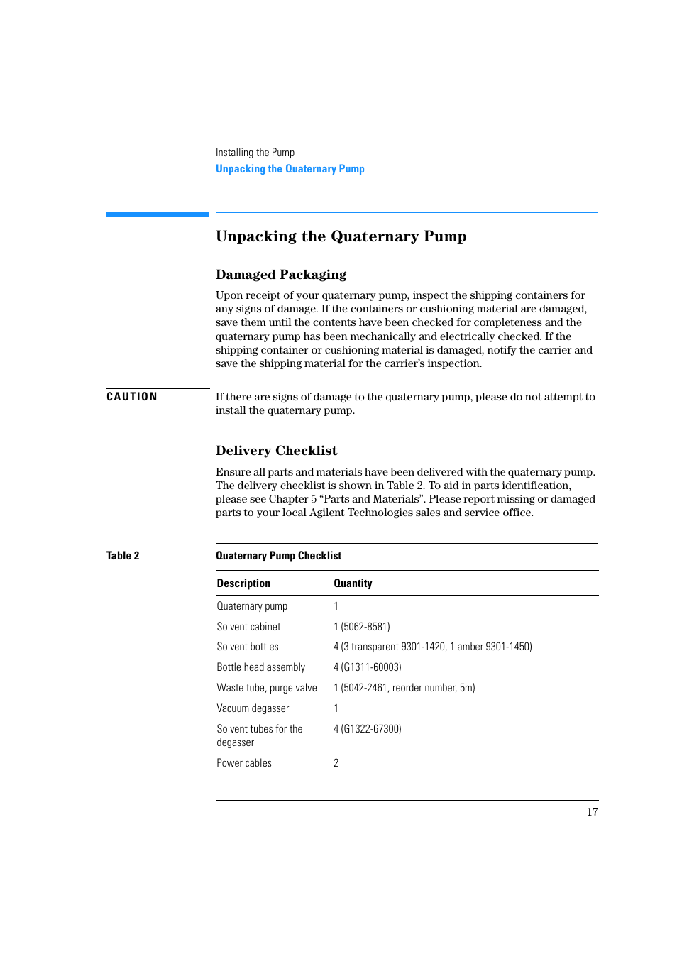 Unpacking the quaternary pump, Damaged packaging, Delivery checklist | Agilent Technologies Quaternary Pump 1100 Series User Manual | Page 17 / 272