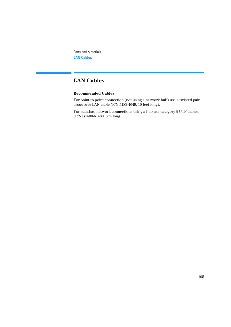 Lan cables, Recommended cables | Agilent Technologies Quaternary Pump 1100 Series User Manual | Page 195 / 272