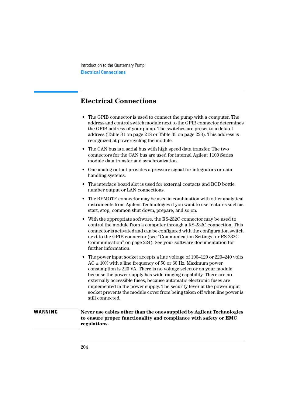 Electrical connections | Agilent Technologies Quaternary Pump 1100 Series User Manual | Page 204 / 272