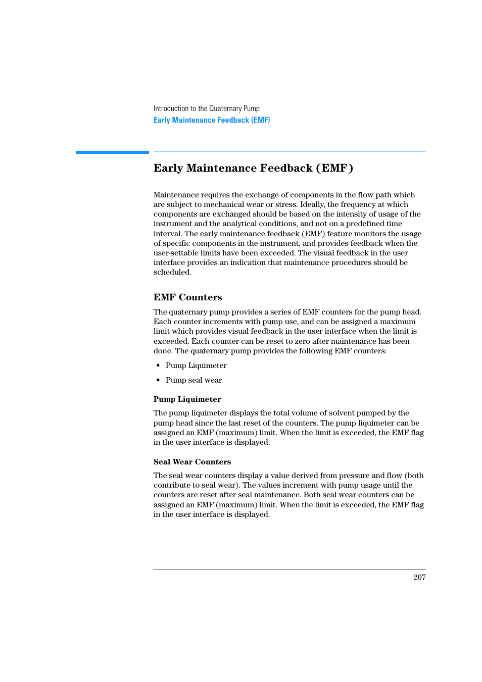 Early maintenance feedback (emf), Emf counters, Pump liquimeter | Seal wear counters | Agilent Technologies Quaternary Pump 1100 Series User Manual | Page 207 / 272