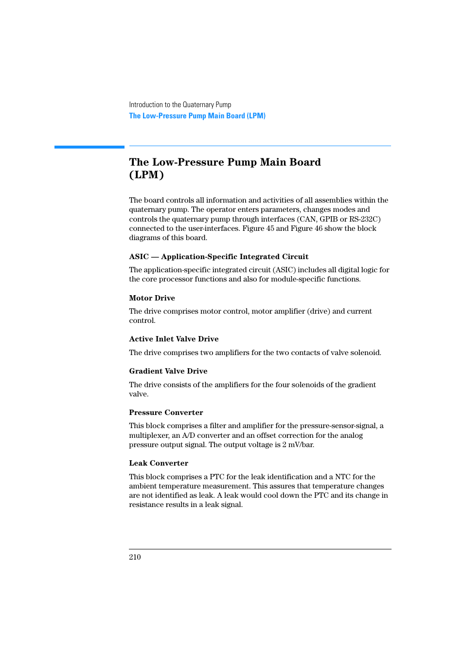 The low-pressure pump main board (lpm), Asic—application-specific integrated circuit, Motor drive | Active inlet valve drive, Gradient valve drive, Pressure converter, Leak converter | Agilent Technologies Quaternary Pump 1100 Series User Manual | Page 210 / 272