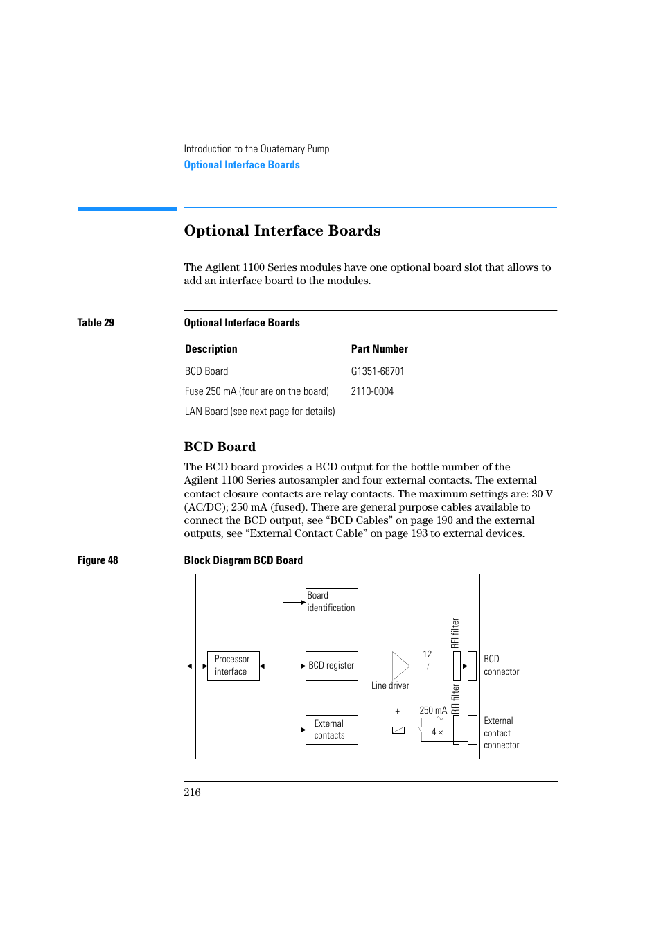 Optional interface boards, Bcd board | Agilent Technologies Quaternary Pump 1100 Series User Manual | Page 216 / 272