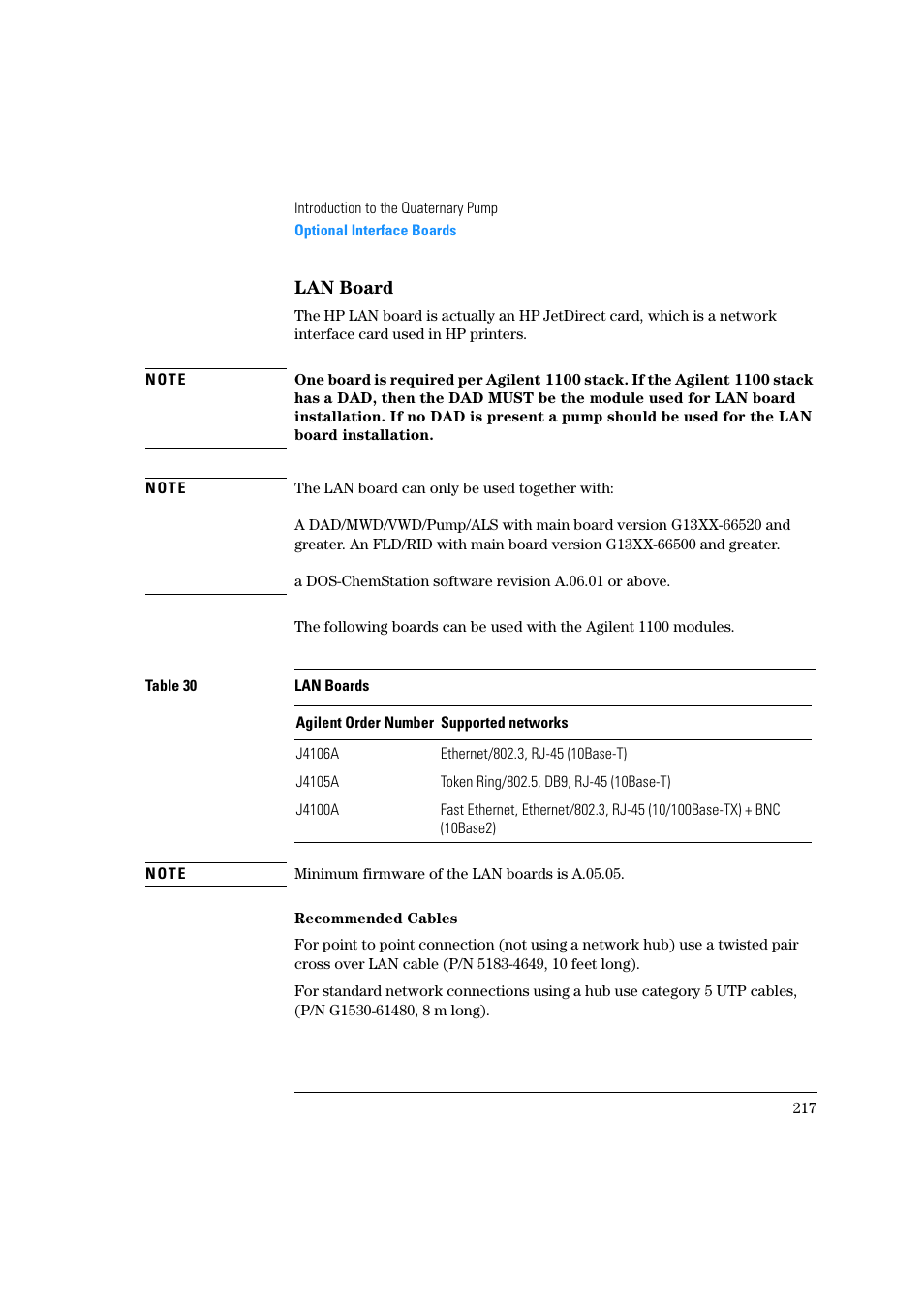 Lan board, Recommended cables | Agilent Technologies Quaternary Pump 1100 Series User Manual | Page 217 / 272