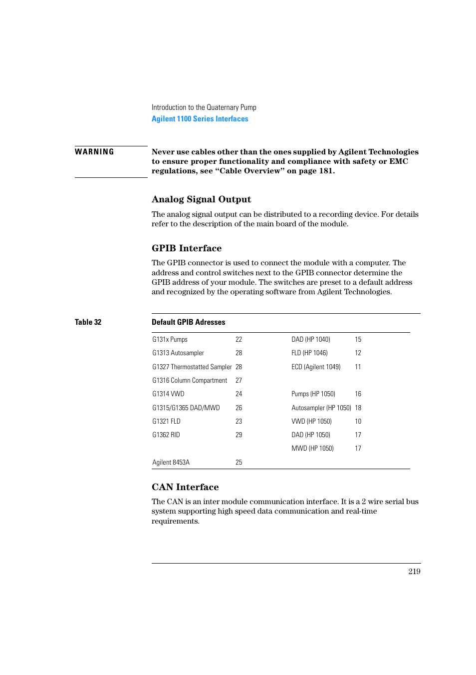 Analog signal output, Gpib interface, Can interface | Agilent Technologies Quaternary Pump 1100 Series User Manual | Page 219 / 272
