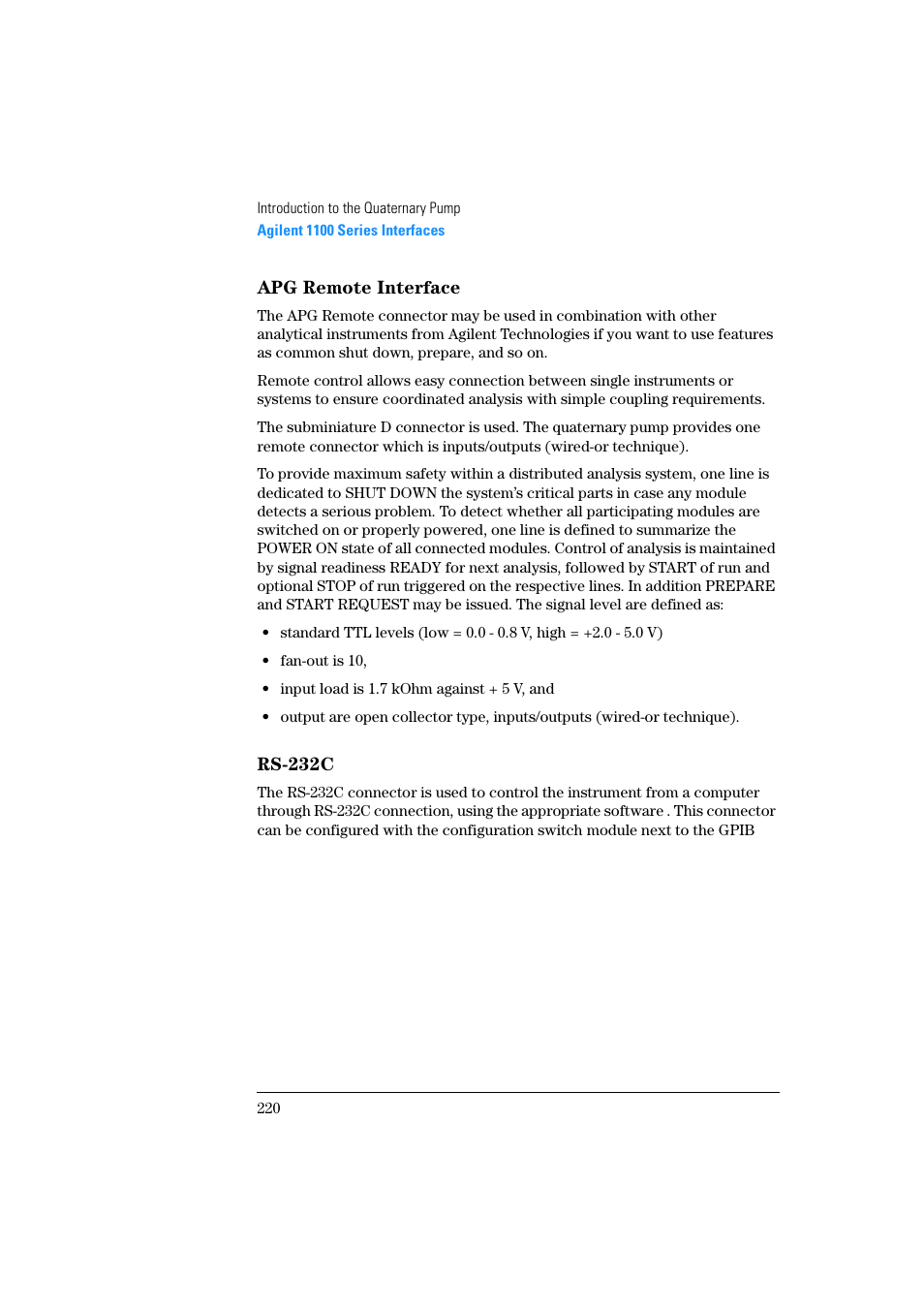 Apg remote interface, Rs-232c | Agilent Technologies Quaternary Pump 1100 Series User Manual | Page 220 / 272