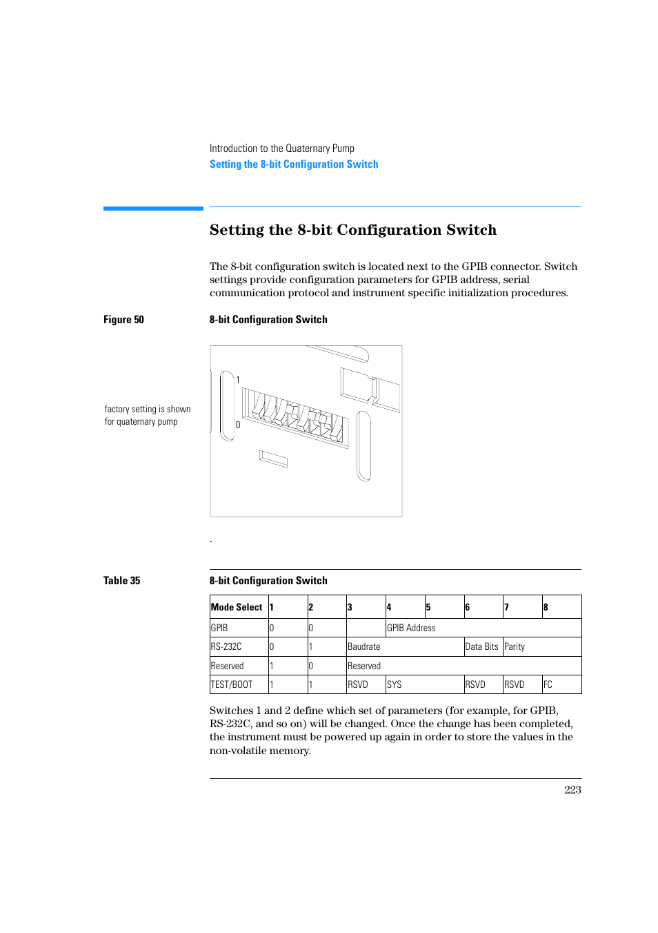 Setting the 8-bit configuration switch | Agilent Technologies Quaternary Pump 1100 Series User Manual | Page 223 / 272