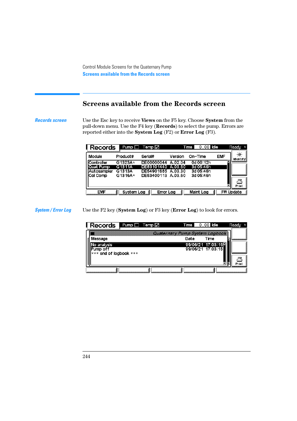 Screens available from the records screen | Agilent Technologies Quaternary Pump 1100 Series User Manual | Page 244 / 272