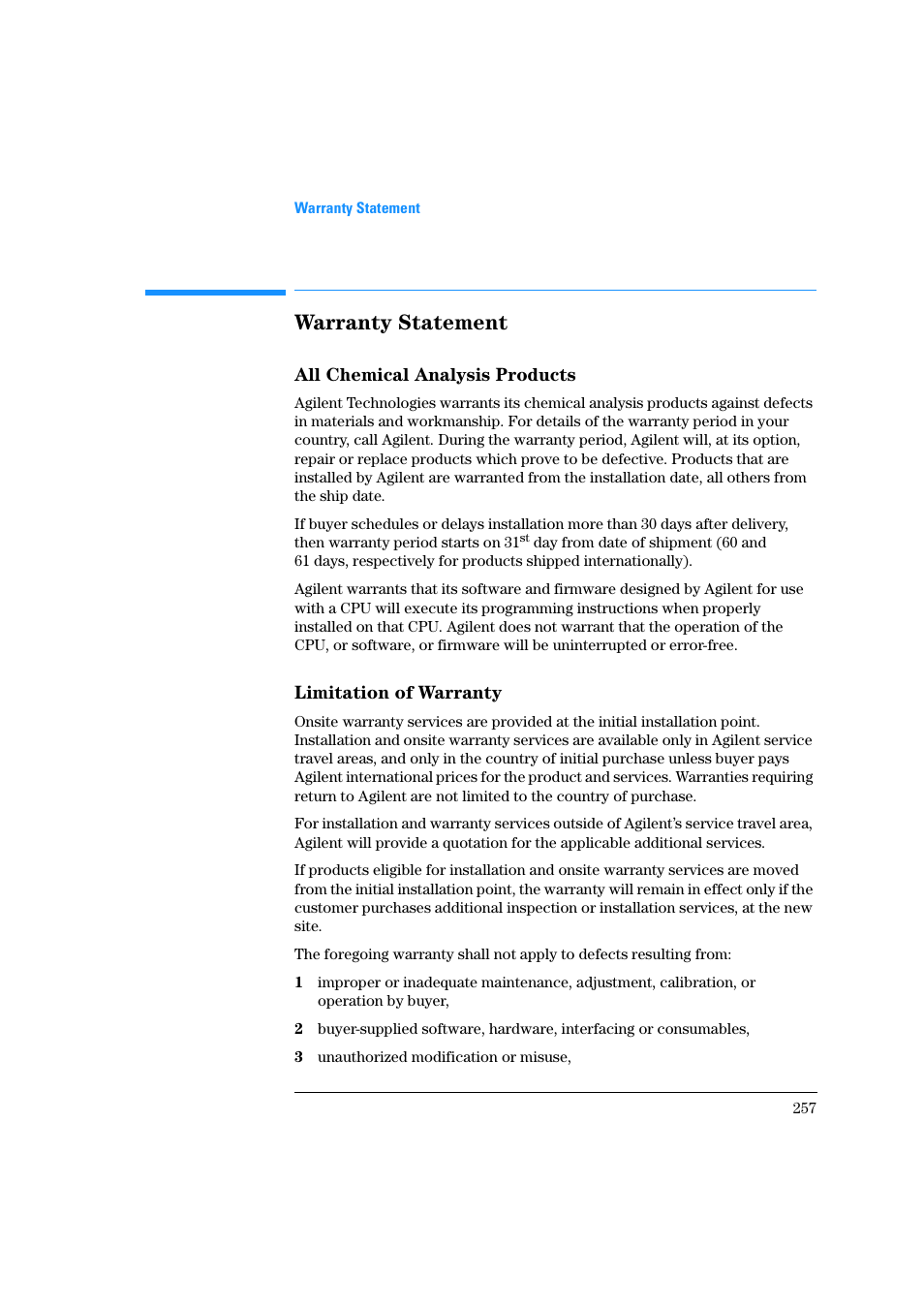 All chemical analysis products, Limitation of warranty, Warranty statement | Agilent Technologies Quaternary Pump 1100 Series User Manual | Page 257 / 272