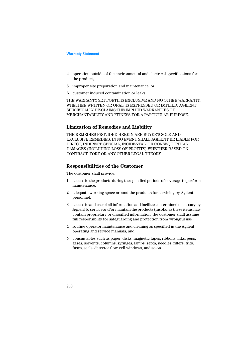 Limitation of remedies and liability, Responsibilities of the customer | Agilent Technologies Quaternary Pump 1100 Series User Manual | Page 258 / 272