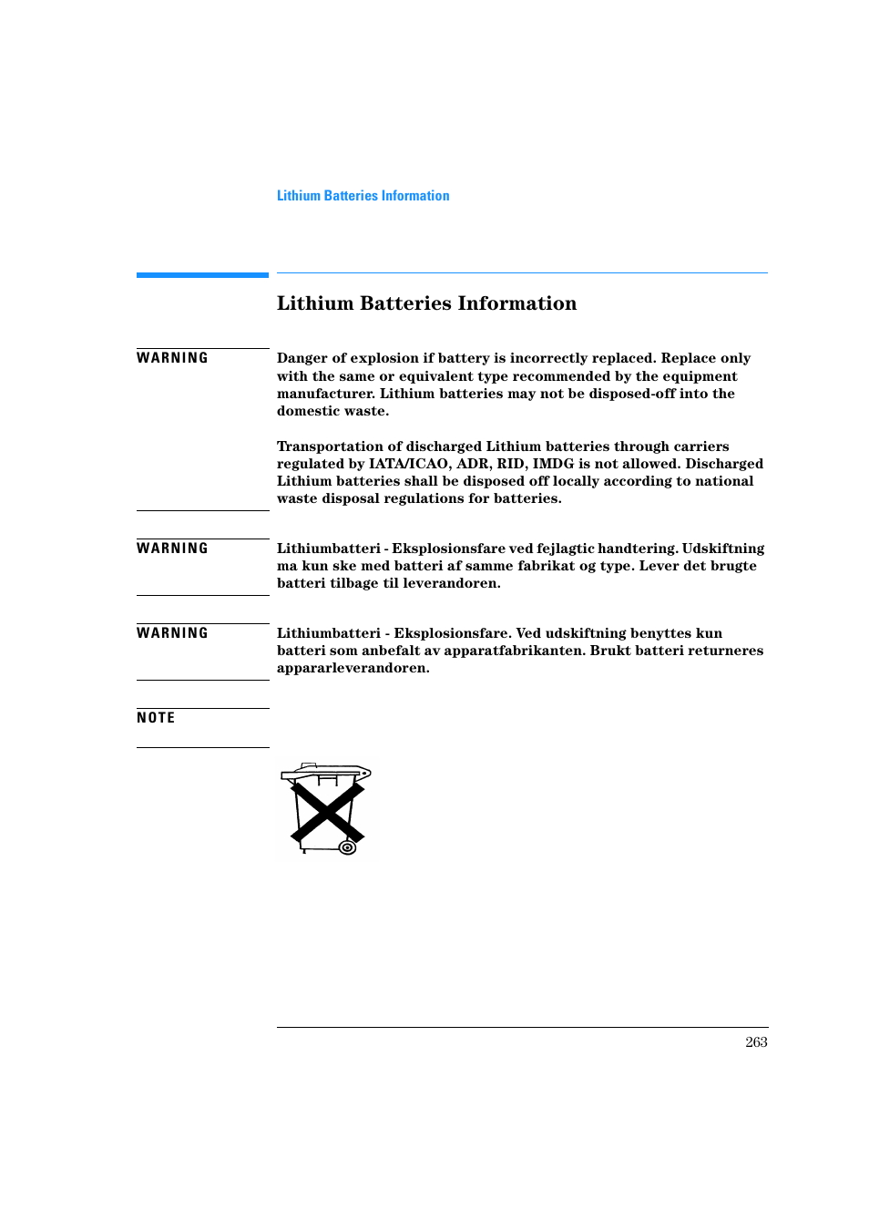 Lithium batteries information | Agilent Technologies Quaternary Pump 1100 Series User Manual | Page 263 / 272