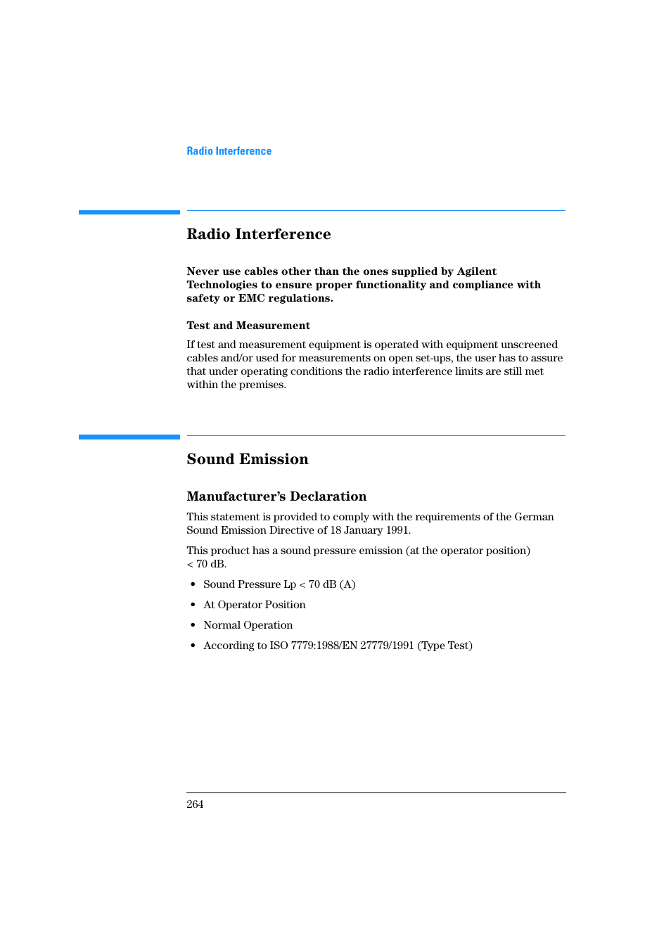 Test and measurement, Manufacturer’s declaration, Radio interference | Sound emission | Agilent Technologies Quaternary Pump 1100 Series User Manual | Page 264 / 272