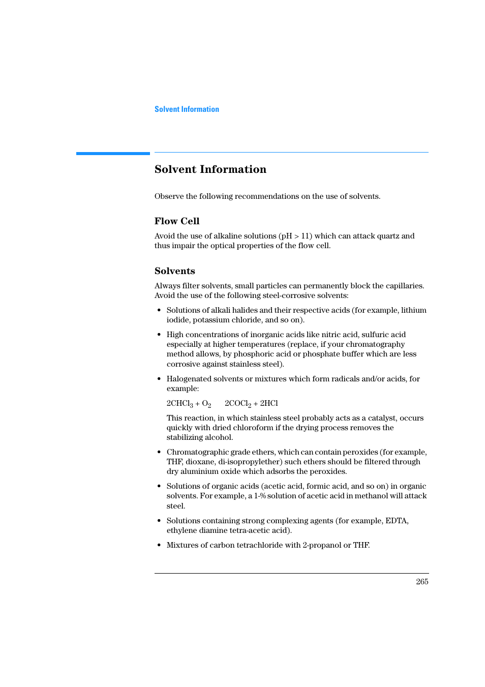 Flow cell, Solvents, Solvent information | Agilent Technologies Quaternary Pump 1100 Series User Manual | Page 265 / 272
