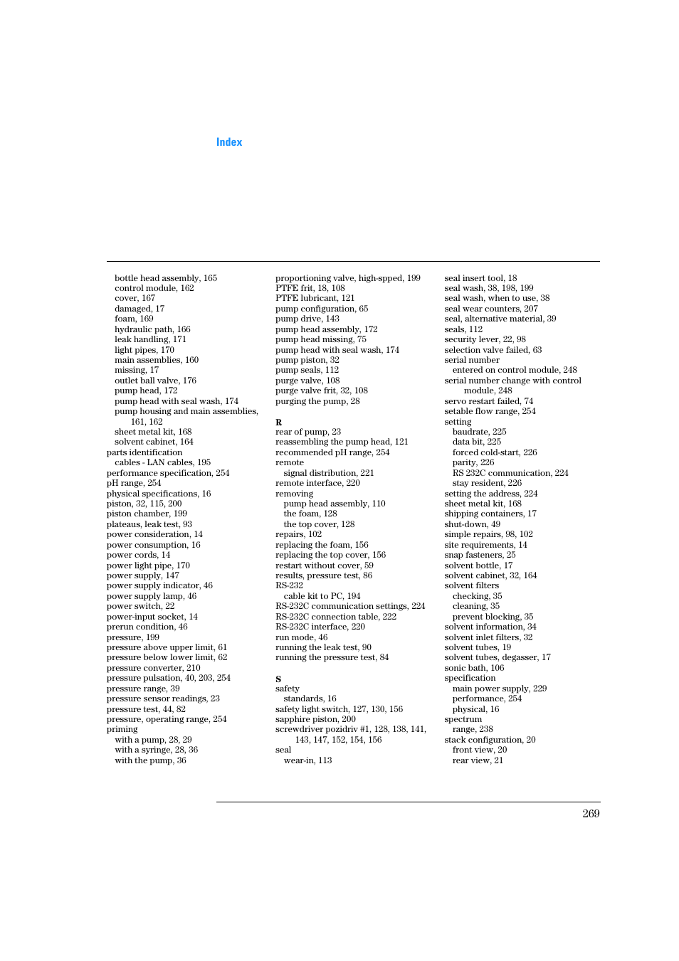 Bottle head assembly, 165, Control module, 162, Cover, 167 | Damaged, 17, Foam, 169, Hydraulic path, 166, Leak handling, 171, Light pipes, 170, Main assemblies, 160, Missing, 17 | Agilent Technologies Quaternary Pump 1100 Series User Manual | Page 269 / 272
