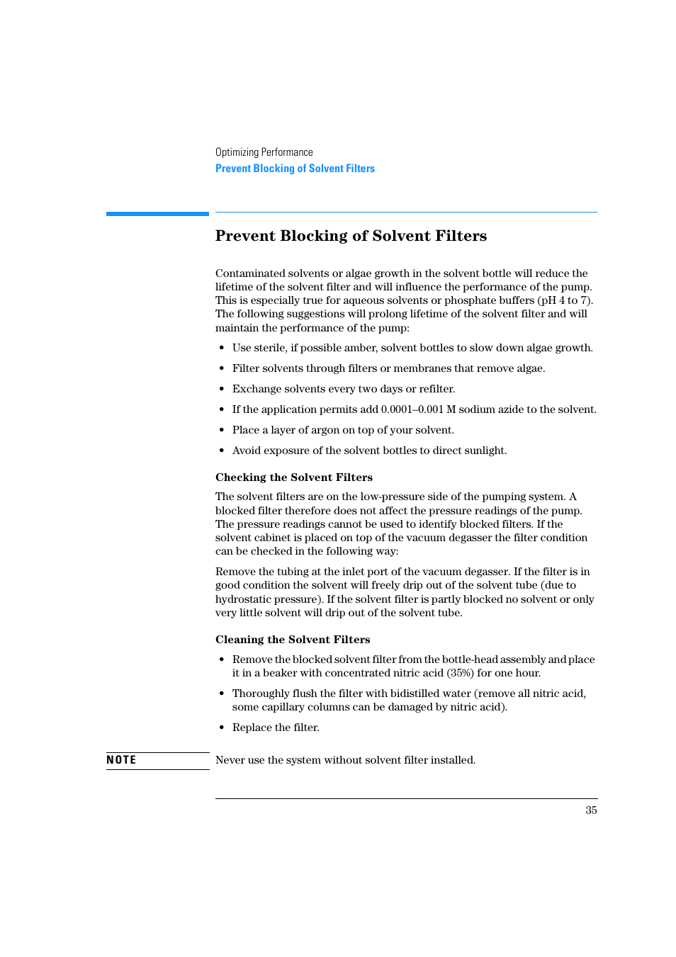 Prevent blocking of solvent filters, Checking the solvent filters, Cleaning the solvent filters | Agilent Technologies Quaternary Pump 1100 Series User Manual | Page 35 / 272