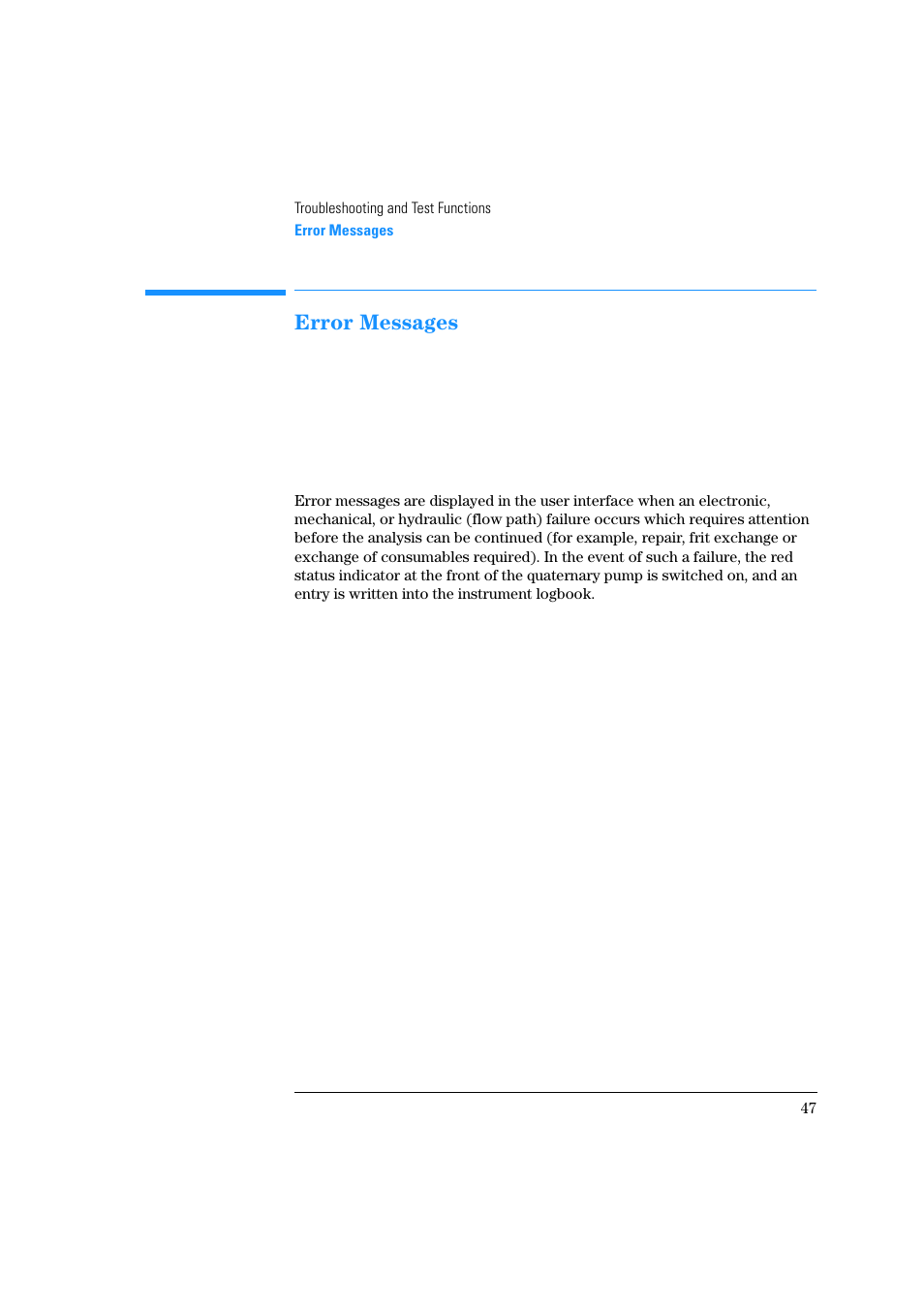 Error messages | Agilent Technologies Quaternary Pump 1100 Series User Manual | Page 47 / 272