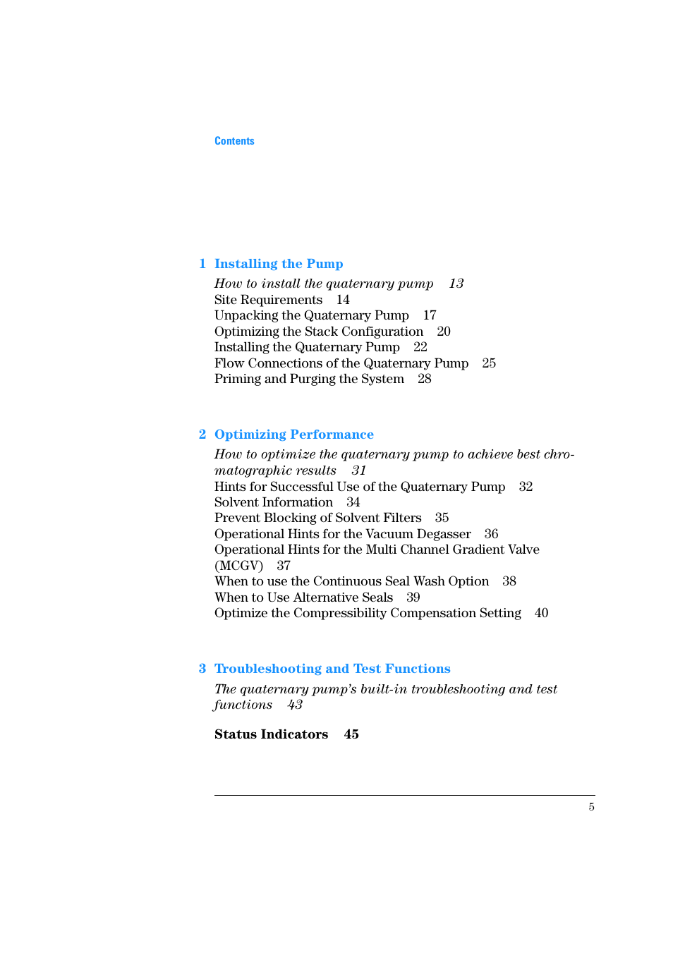 1 installing the pump, 2 optimizing performance, 3 troubleshooting and test functions | Agilent Technologies Quaternary Pump 1100 Series User Manual | Page 5 / 272