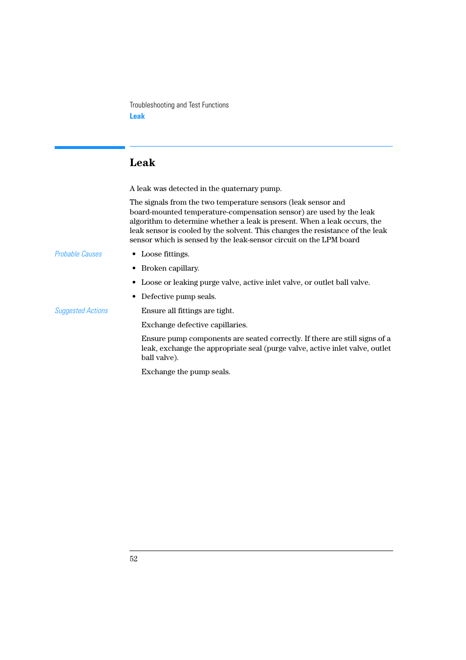 Leak | Agilent Technologies Quaternary Pump 1100 Series User Manual | Page 52 / 272