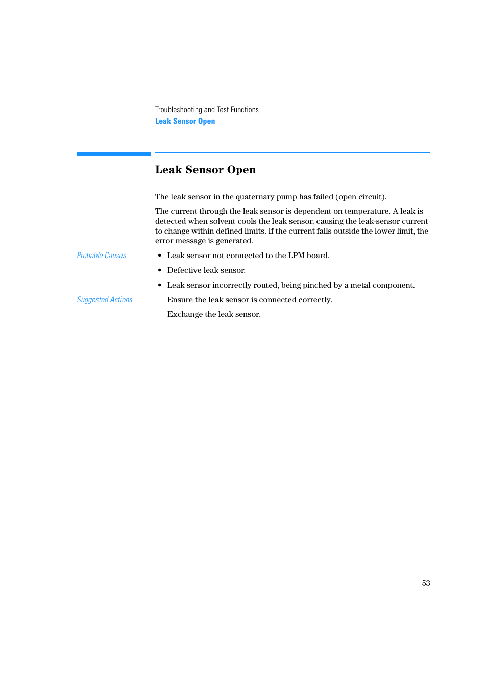 Leak sensor open | Agilent Technologies Quaternary Pump 1100 Series User Manual | Page 53 / 272