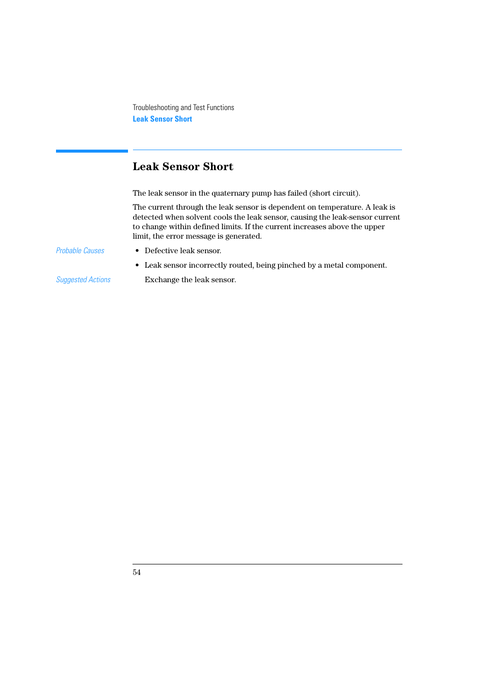 Leak sensor short | Agilent Technologies Quaternary Pump 1100 Series User Manual | Page 54 / 272