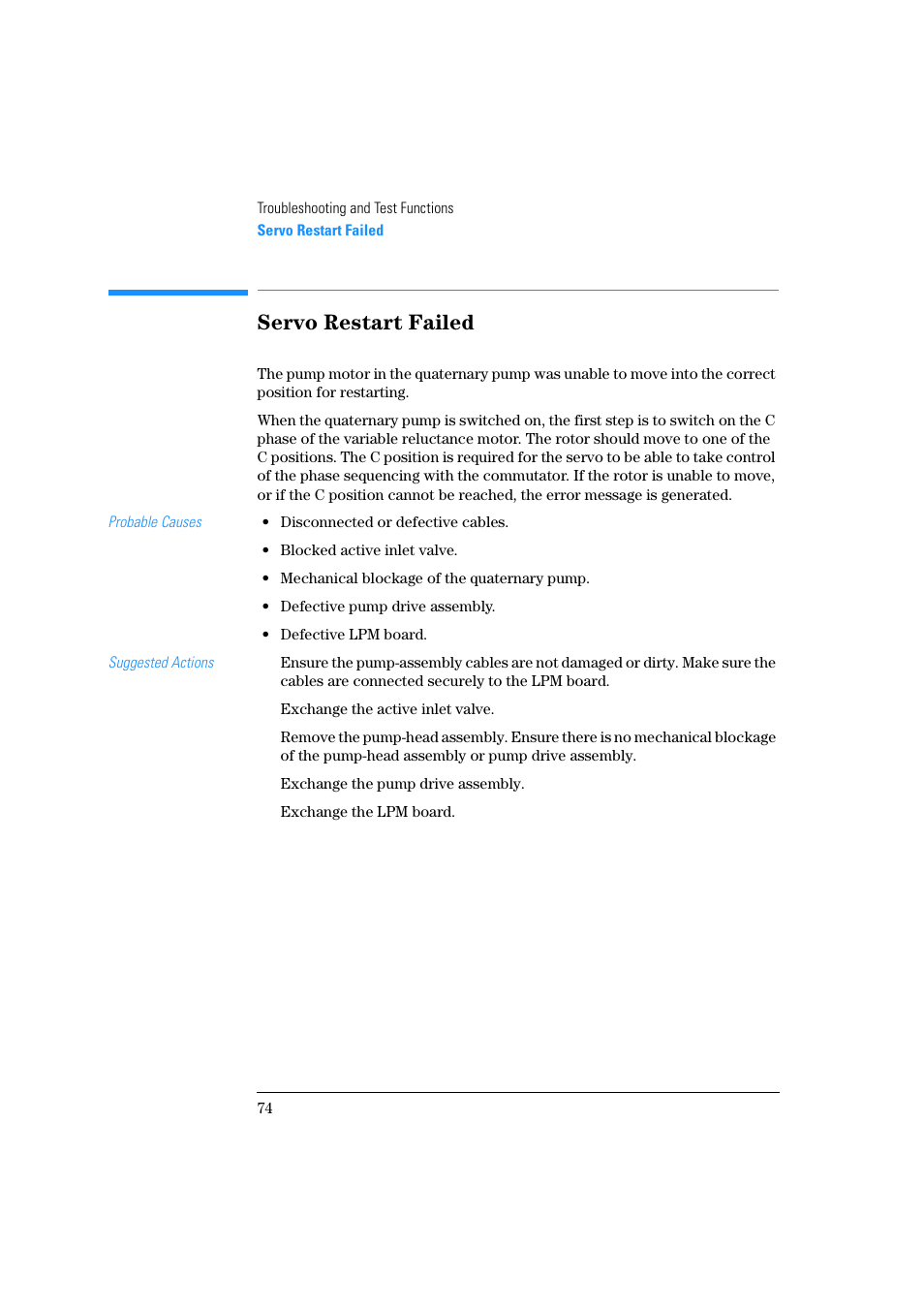 Servo restart failed, Exchanging the purge valve frit or the purge valve | Agilent Technologies Quaternary Pump 1100 Series User Manual | Page 74 / 272