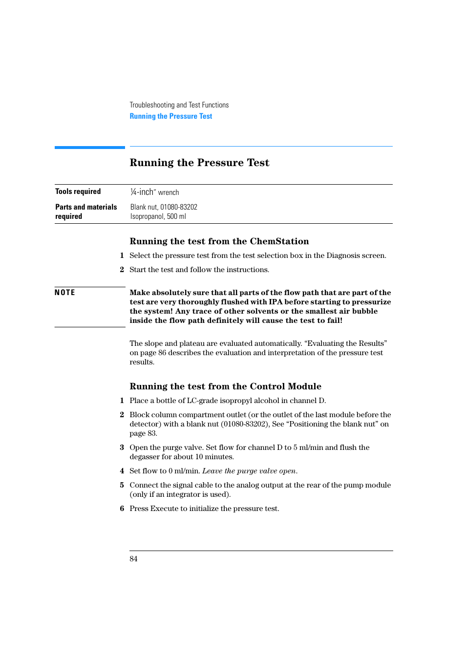 Running the pressure test, Running the test from the chemstation, Running the test from the control module | Agilent Technologies Quaternary Pump 1100 Series User Manual | Page 84 / 272