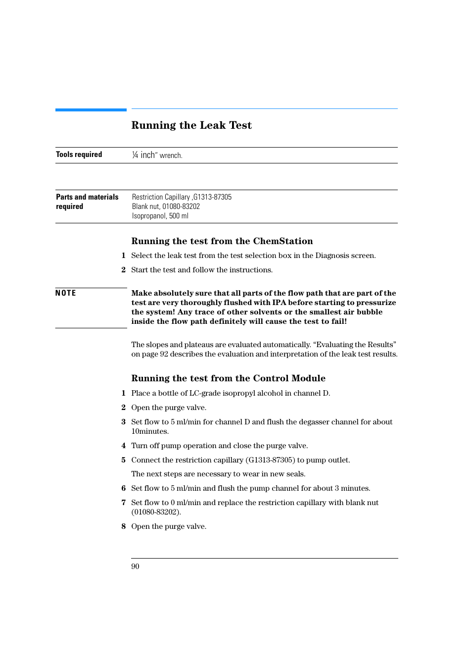 Running the leak test, Running the test from the chemstation, Running the test from the control module | Agilent Technologies Quaternary Pump 1100 Series User Manual | Page 90 / 272