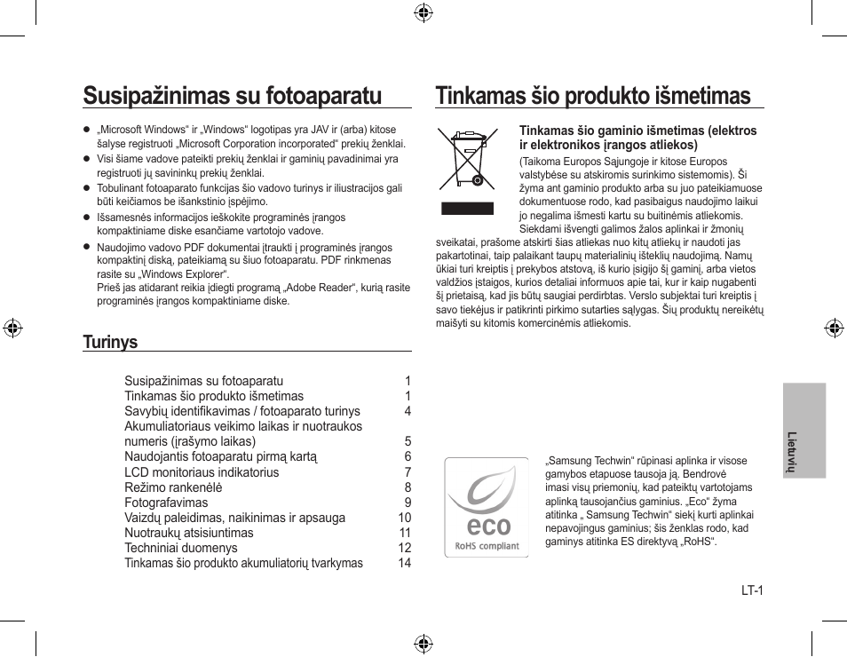 Susipažinimas su fotoaparatu, Tinkamas šio produkto išmetimas, Turinys | Samsung L310W User Manual | Page 100 / 130