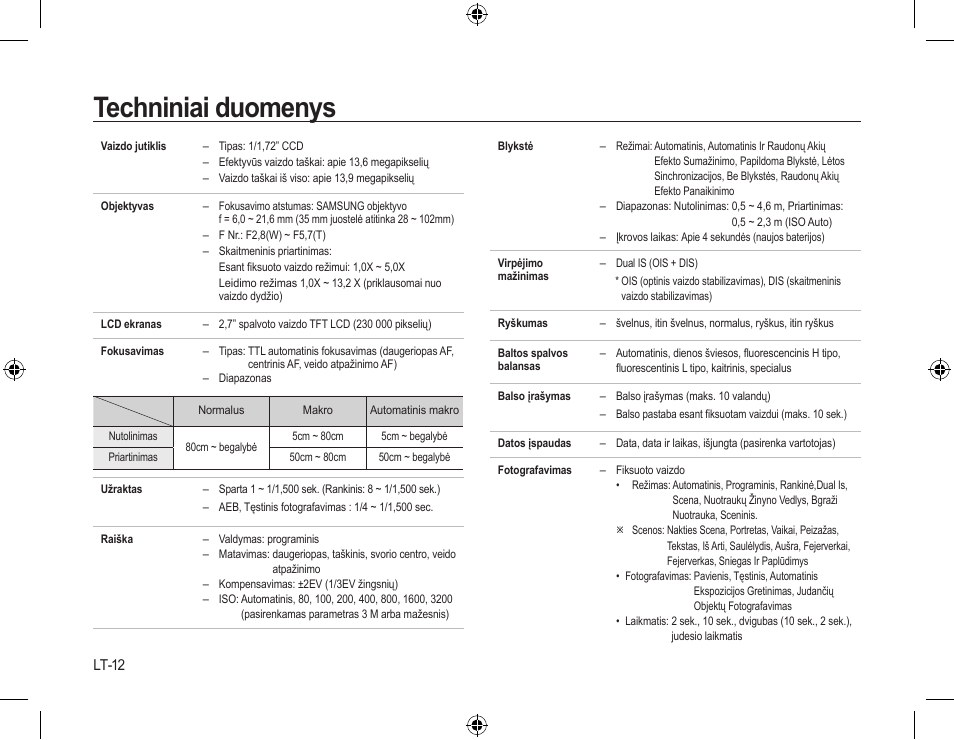 Techniniai duomenys, Lt-12 | Samsung L310W User Manual | Page 111 / 130