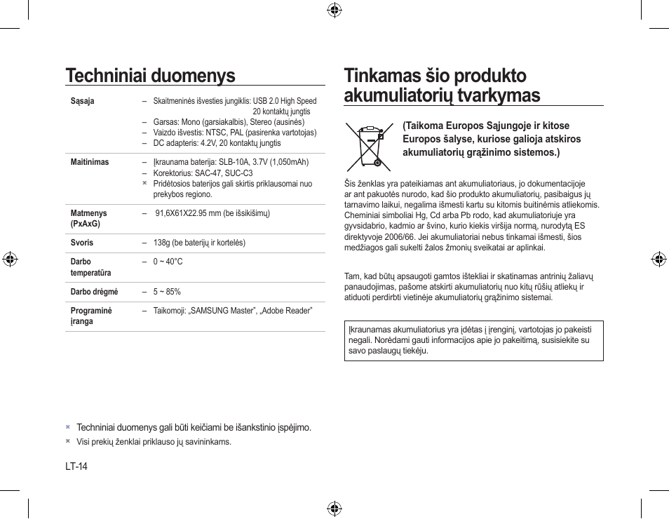 Techniniai duomenys, Tinkamas šio produkto akumuliatorių tvarkymas | Samsung L310W User Manual | Page 113 / 130